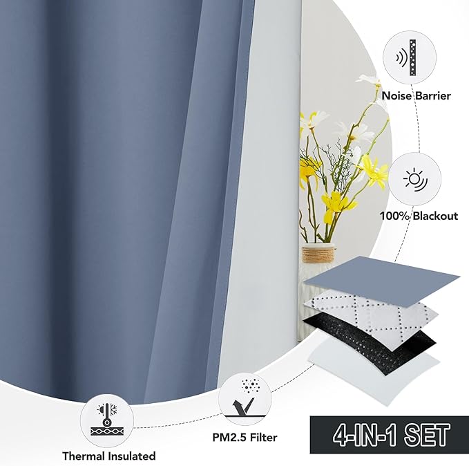RYB HOME 4-in-1 Dust Filtering Soundproof Blackout Insulating Privacy Window Curtains for Nursery Bedroom Living Room Rivider Sound Absorption Sheet, Stone Blue, W52 x L95 inch, 2 Panels