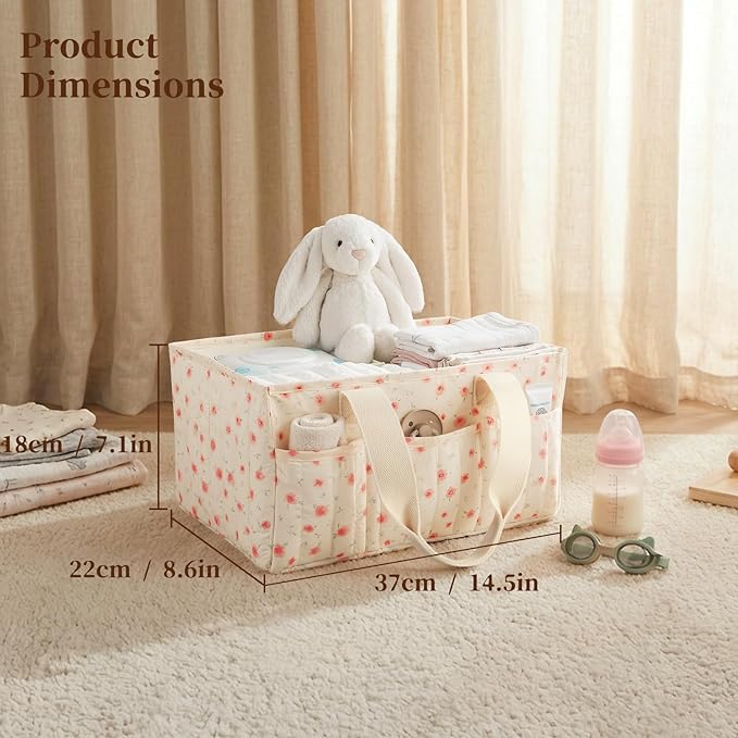 Baby Diaper Caddy Organizer with Portable Changing Mat-Portable Baby Organizers and Storage, Gift for Baby Shower, Baby Essentials Organizer with Removable Dividers (Pink Floral)