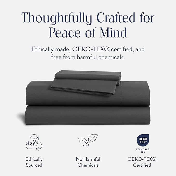 Brooklinen Luxury Sateen 4 Piece Sheet Set - 100% Cotton Bed Sheets, Soft & Durable Twin XL Sheets Set in Slate Grey, Oeko-TEX Certified Bedding Set, 1 Fitted Sheet, 1 Flat Sheet, 2 Pillowcases