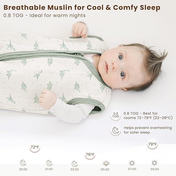 Konssy Muslin Baby Sleep Sack 6-12 Months 0.8 TOG, 2 Pack 100% Cotton Wearable Blanket for Babies, 2-Way Zipper Breathable Sleeping Sack Infant Toddler Essentials for Girls and Boys (Green Dino,Green)