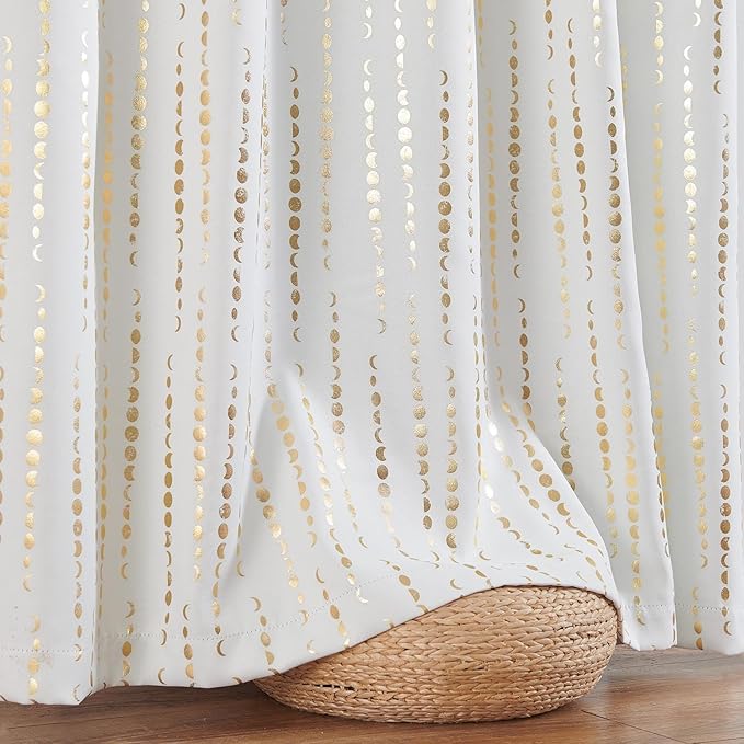 jinchan Boho Curtains 95% Blackout Moon Phases Printed Bedroom Curtains 108 Inch Length 2 Panels Golden on White Drapes Rod Pocket Back Tab Drapes for Nursery Window Treatment