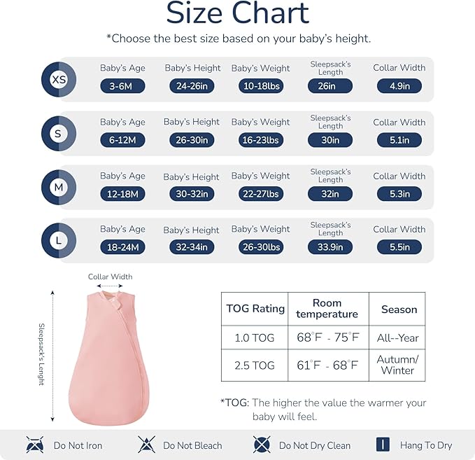 usbettas 1.0 Tog 2.5 Tog Baby Sleep Sack, 100% Cotton Baby Sleeping Bag 3-24M, 2-Way Zipper Baby Wearable Blanket