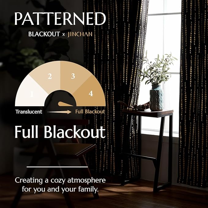 jinchan 95% Blackout Curtains 84 Inch Long for Bedroom Boho Curtains Moon Phases Printed Golden on Black Drapes Rod Pocket Back Tab Darkening Retro Bedroom Pattern Curtains 2 Panels