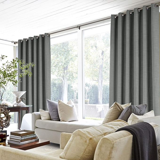ChadMade 50W x 102L Inch Carbon Grey Faux Linen Curtain Drapes with Blackout Lining, Room Darkening Antique Bronze Grommet Curtain for Sliding Glass Door Patio Door Living Room (1 Panel)