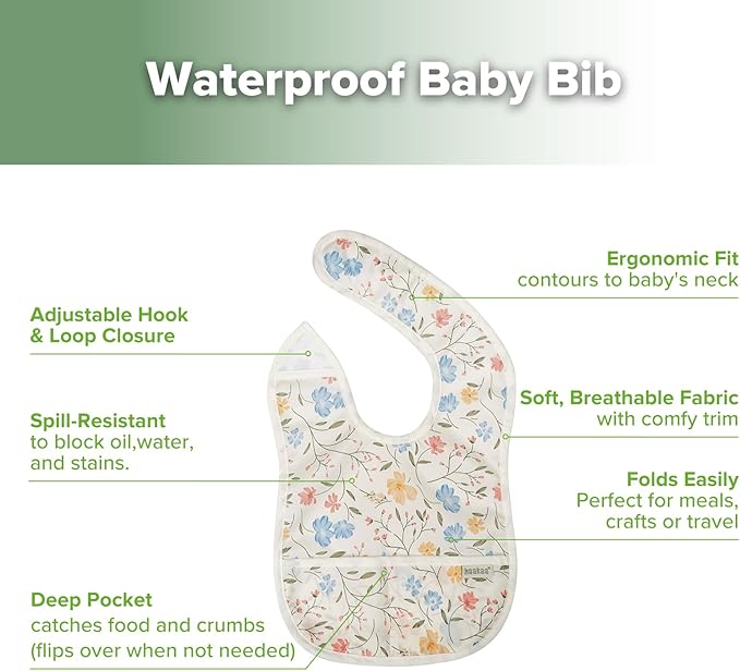 haakaa Waterproof Baby Bibs for Eating, Soft & Lightweight Toddler Bibs with Food Pocket, Easy Wipe Clean, Ages 6–24M, 2 Pack