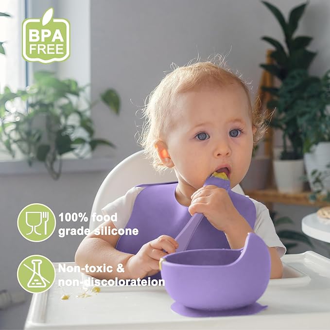 Munlinder Silicone Baby Feeding Set | Baby Led Weaning Supplies Includes Suction Bowls and Divided Plates, Adjustable Bib, Baby Utensils Spoons and Forks,Cup | Baby Feeding Essentials (Purple)