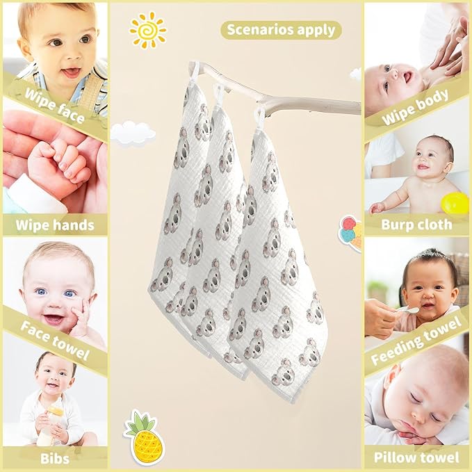 vvfelixl Baby Muslin Washcloths Cartoon Koala Bear Face Baby Burp Cloths Cotton Babys Face Towel for Newborn Infants Boys Girls Soft and Absorbent 11.8 X 11.8 in, 3 Pack