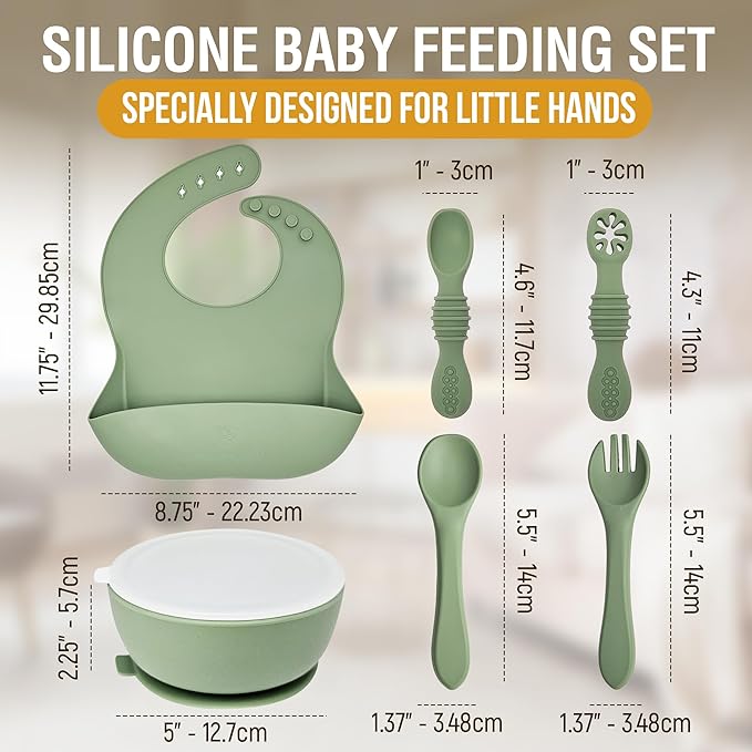 HippoBaby 6 Piece Baby Bowls With Suction and Lids | Toddler Bowl Set with 1 Bowl, 1 Bib, 2 Baby Spoons, 1 Large Spoon, 1 Large Fork, Baby Feeding Essentials (1, Rose Quartz)