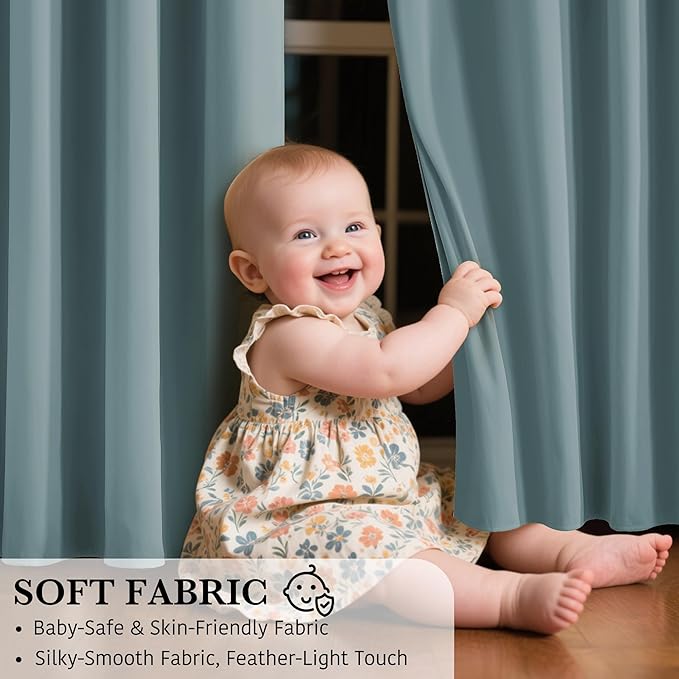 RYB HOME 100% Blackout Curtains 63 inches Length, Thermal Insulated Total Room Darkening Noise Reducing 2 Panel Curtains for Bedroom Office, 52 inches Wide by 63 inches Long, Dusty Blue