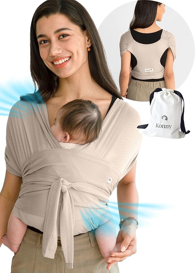Konny Baby Carrier Flex AirMesh with Head Support - Adjustable, Easy to Wear, Hands-Free Breathable Baby Wrap Sling, Perfect for Newborn Babies Essentials up to 44 lbs (M-4XL) - Beige