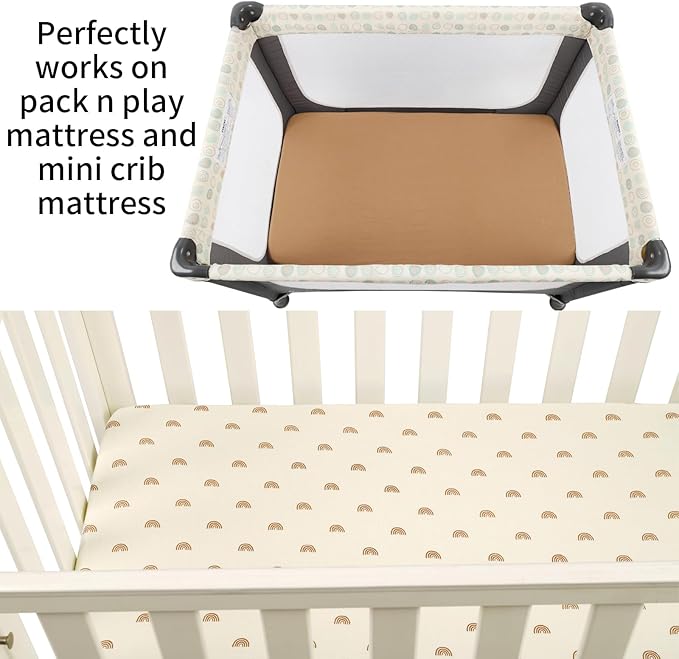 Onacosht Muslin Mini Crib Sheets, 39" x 27" Pack and Play Mattress Sheets Fitted for Pack N Play, Soft Cotton for Boys Girls, 2 Pack, Natural and Rainbow