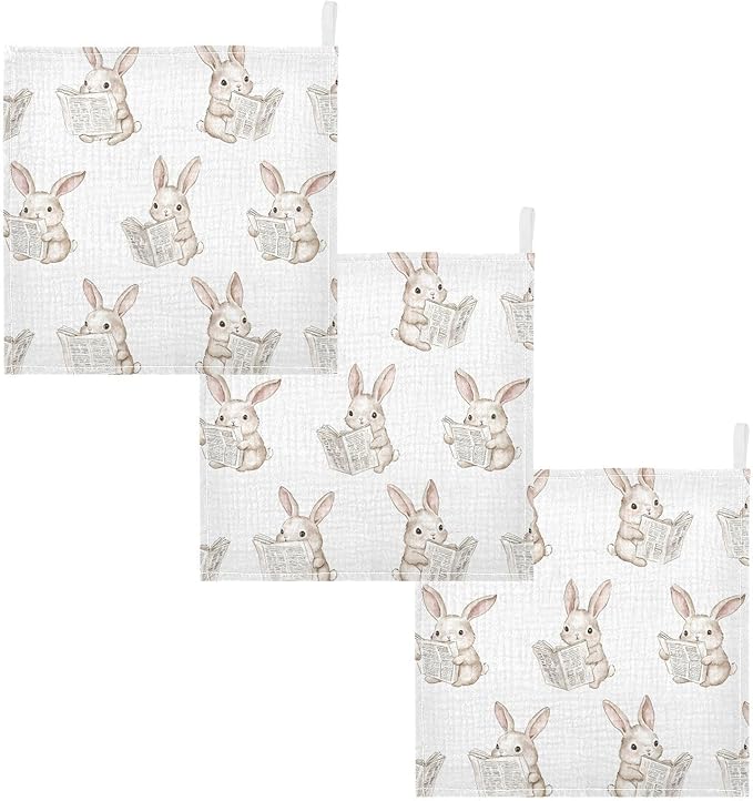 vvfelixl Bunny Reading Newspapers Baby Burp Cloths Baby Muslin Washcloths for Boys Girls Cotton Babys Face Towel for Newborn Infants Soft and Absorbent 11.8 X 11.8 in, 5 Pack