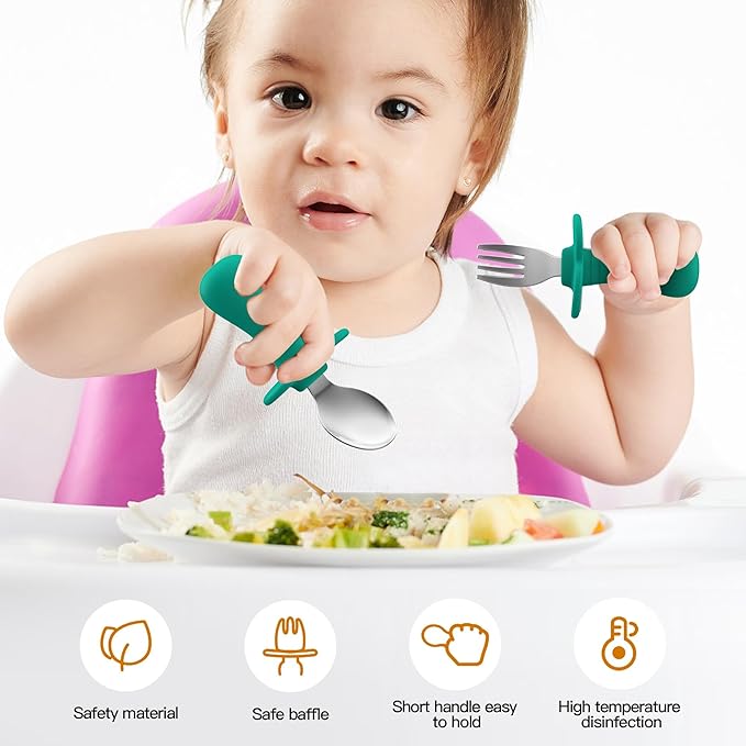 Toddler Spoons and Forks Set, 4Pcs Kids Silverware Set with Silicone Handle, 18/8 Stainless Steel Children Safe Forks and Spoons, Toddler Utensils BPA Free, Anti-Choke Design (Dark Blue, Green)