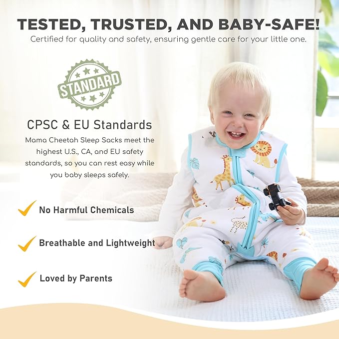 Mama Cheetah Toddler Sleep Sack with Feet 3T - 4T, 2.5 TOG Organic Cotton Baby Sleeping Bag with Legs, Baby Wearable Blankets for Walkers w/ 2-Way Zipper, Baby Sleep Sack for Girls & Boys, Large