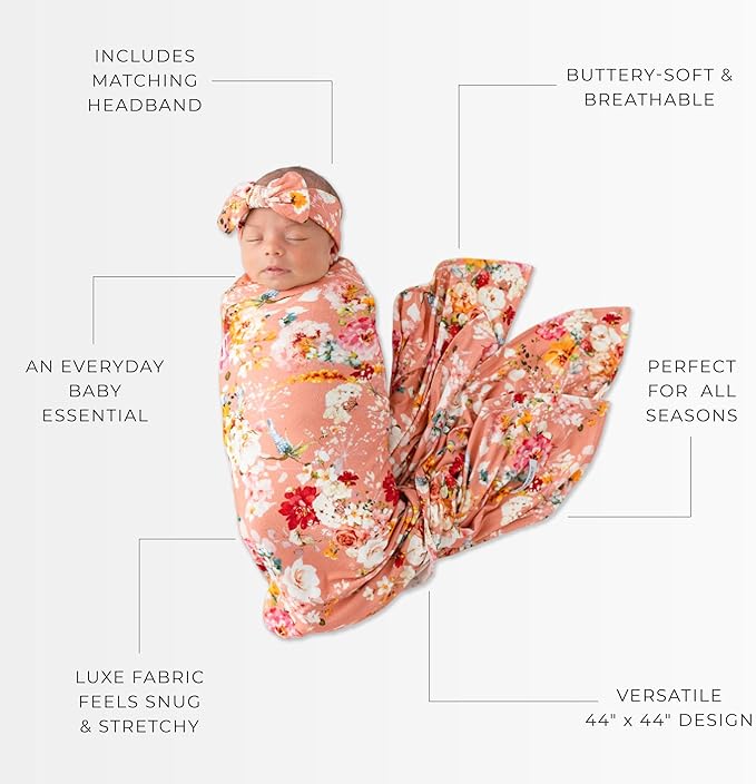 Posh Peanut Swaddle Blanket & Headband Set – Viscose from Bamboo Stretchy Baby Swaddle for Newborn Girls, Receiving Blanket or Nursing Cover