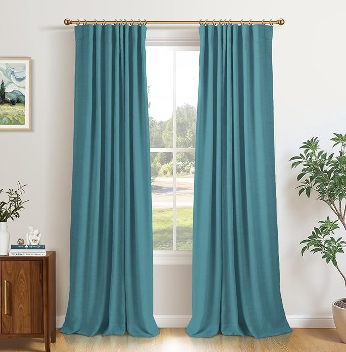INOVADAY 100% Blackout Curtains for Bedroom, Black Out Curtains 84 Inch Long, Clip Rings Linen Blackout Drapes, Thermal Insulated Room Darkening for Living Room, 2 Panels - Teal,W50xL84