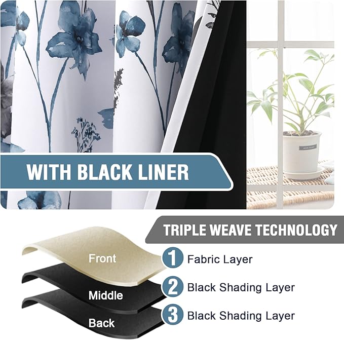 H.VERSAILTEX 100% Blackout Curtains 96 inch Length 2 Panels Set Cattleya Floral Printed Drapes Leah Floral Thermal Curtains for Bedroom with Black Liner Sound Proof Curtains, Grey and Blue
