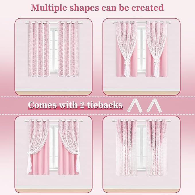 Yinhua Pink Blackout Curtains for Bedroom Double Layer Nursery Curtains for Living Room 84 Inch Length 2 Panels Set Kid Curtain with Floral Sheer Overlay, Grommet Drapes with Tiebacks, 52" W x 63" L