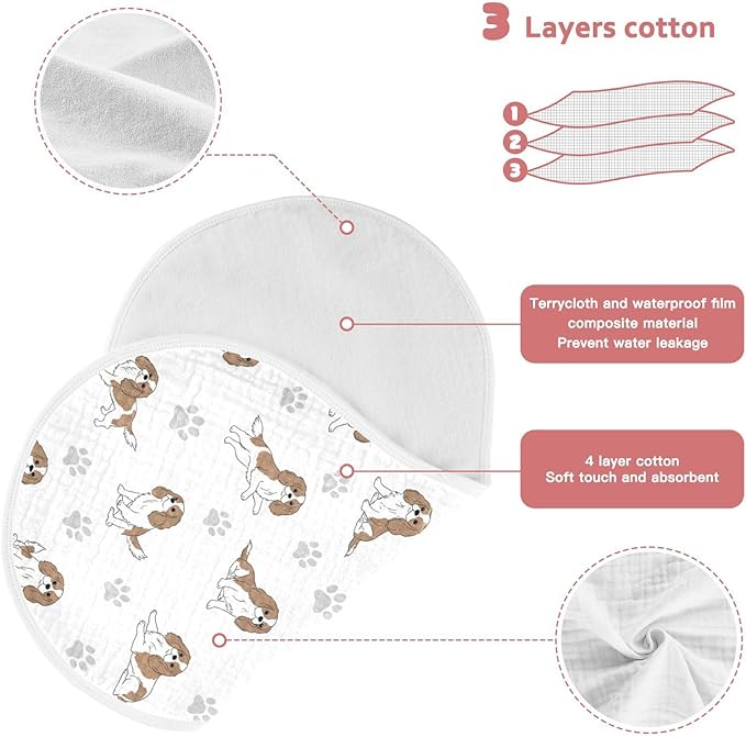 Qinllo 2 Pack Muslin Burp Cloths Cavalier Dogs Paw White Cotton Baby Burp Cloths Absorbent Burping Cloth Soft Spit Up Rags for Newborn Must Haves 22x11 Inch