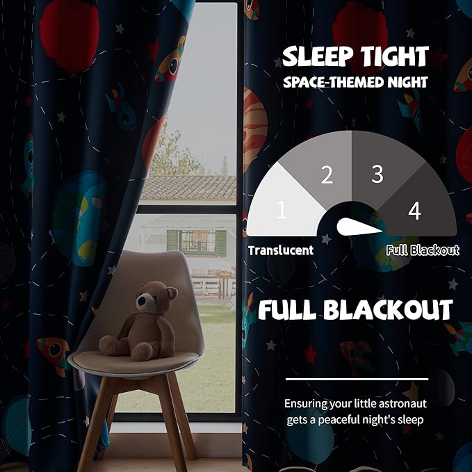 Kids Space Themed Blackout Curtains - 2 Panels, Each W52×L72, 100% Blackout, Perfect for Bedroom and Nursery, Energy Saving with Vibrant Cosmos Patterns