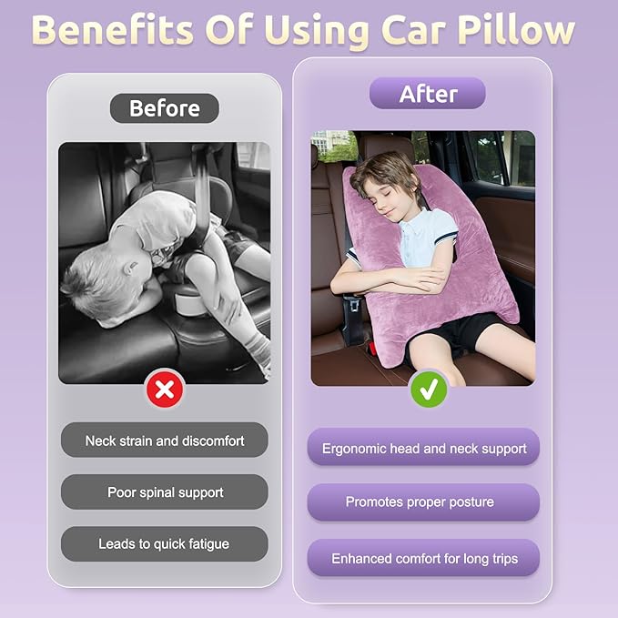 Car Pillow for Kids, Travel Pillow with Adjustable Strap, Kids Floor Pillows Cushions for Adults and Children to Support Head and Body Road Trip Essentials (Purple)