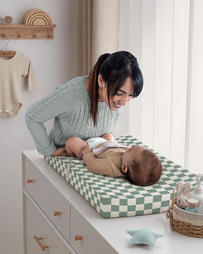 Blissful Diary Muslin Changing Pad Cover for Girls Boys, Ultra Soft Breathable Cotton, Baby Diaper Change Table Pad Covers, 2Pack (Checkered Green & Sage Green)