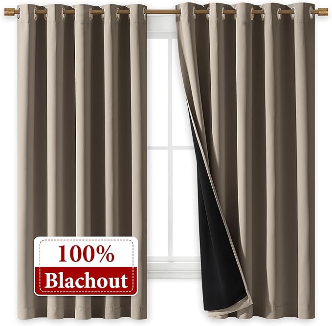 NICETOWN 100% Blackout Curtains with Black Liners, Thermal Insulated Full Blackout 2-Layer Lined Drapes, Energy Efficiency Window Draperies for Bedroom (Taupe, 2 Panels, 70-inch W by 63-inch L)