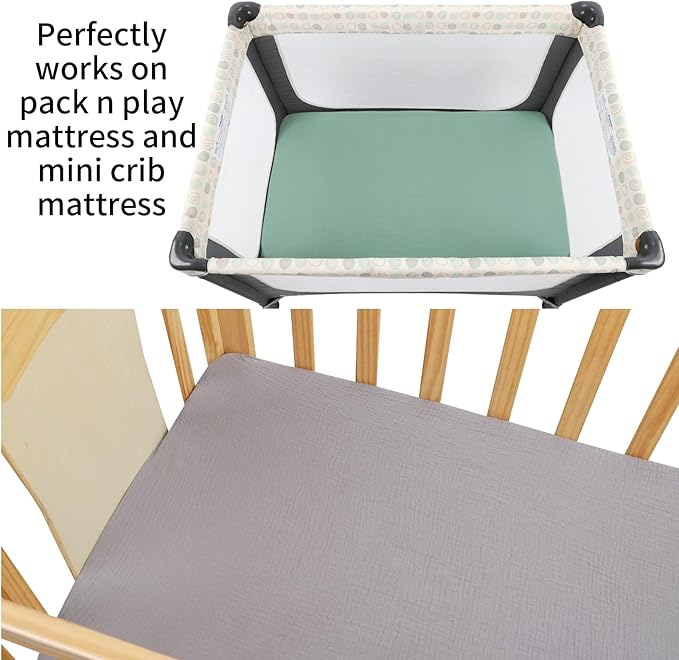 Onacosht Muslin Mini Crib Sheets, 39" x 27" Pack and Play Mattress Sheets Fitted for Pack N Play, Soft Cotton for Boys Girls, 2 Pack, Grey and Green
