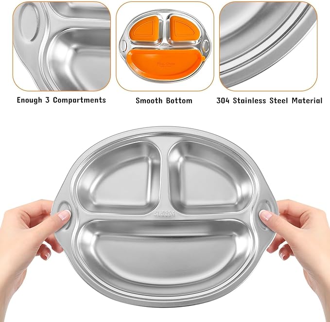 Mrs. Chou Stainless Steel Baby Suction Plates: Divided Plates for Babies & Toddlers, BPA-Free, Dishwasher Safe, Orange