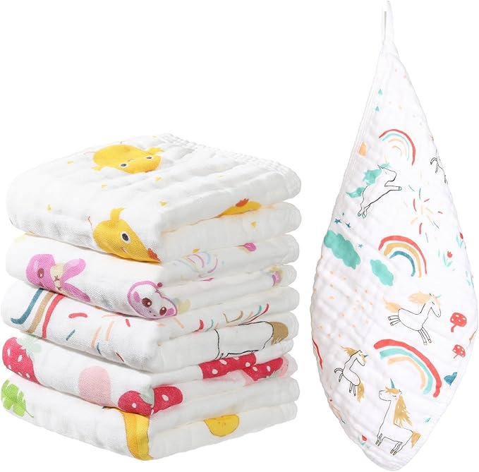 THSAM Muslin Burp Cloths 100% Cotton 20''x10'' Hand Washcloths for Baby, Super Soft and Absorbent 6 Layers Baby Burping Cloth for Boys Girls (Rainbow & Animals, 6 Pack)