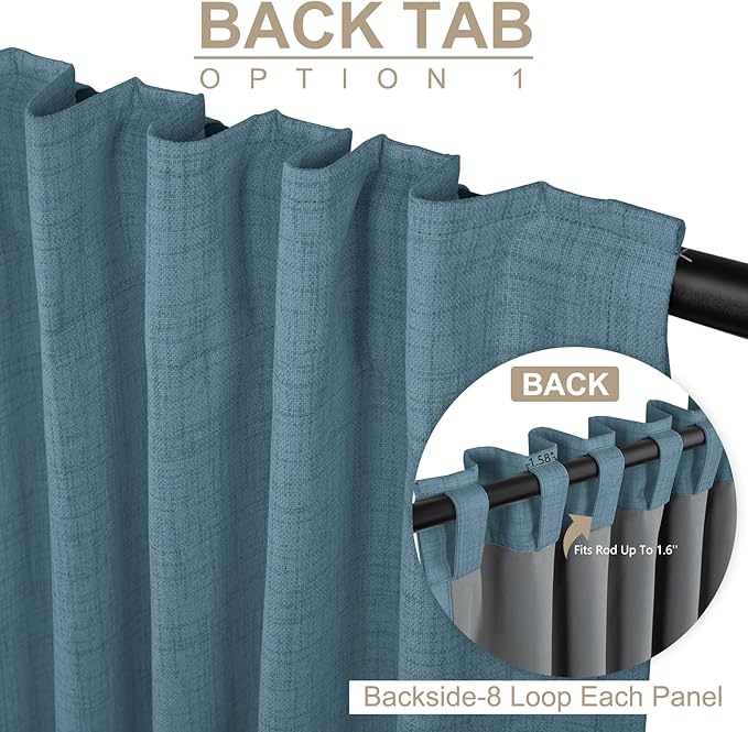 100% Blackout Shield Linen Blackout Curtains for Bedroom 96 Inches Long, Back Tab/Rod Pocket Living Room Drapes, Thermal Insulated Blackout Curtains 2 Panels Set, 50" W x 96" L, Stone Blue