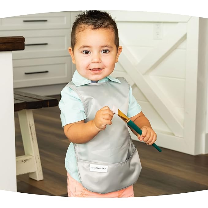 Tiny Twinkle Mess Proof Baby Bibs | 2 Pack Waterproof Toddler Bib for Eating | Baby Apron for Feeding, Machine Washable, Perfect Shower Gift (Grey Indigo, 2-4Y)