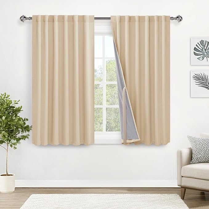 XWZO 100% Blackout Shades Window Curtains with Tiebacks- Noise Reducing and Light Blocking Curtains with Black Liner for Studio/Basement, Rod Pocket & Back Tab, Biscotti Beige, W52 x L54, Set of 2