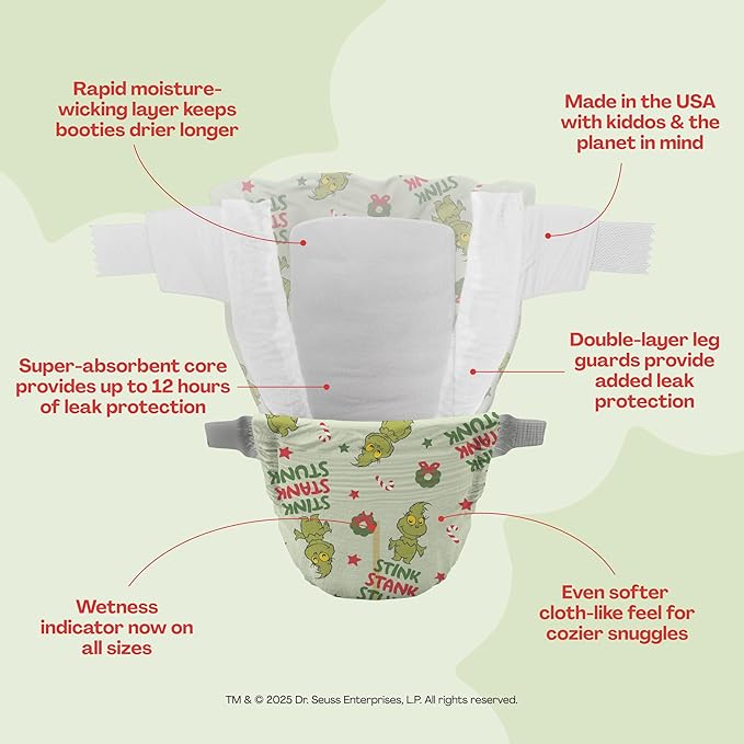 Hello Bello Diapers, Size 4 (22-37 lbs) Dr. Seuss Baby Grinch - 21 Count of Premium Disposable Baby Diapers, Hypoallergenic with Soft, Cloth-Like Feel