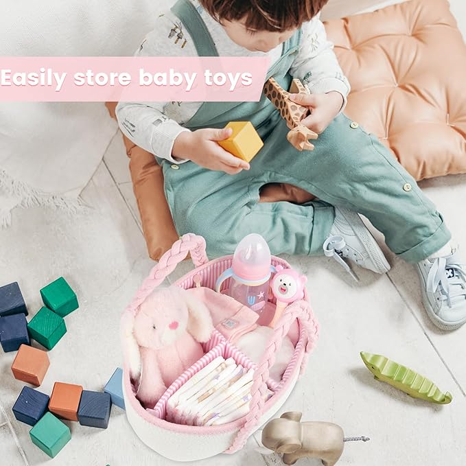 Baby Diaper Caddy, Portable Diaper Organizer for Changing Table, Car Travel Girls Shower Gifts Newborn Essentials, Cotton Rope Nursery Storage Basket for Girls (White＆Pink)