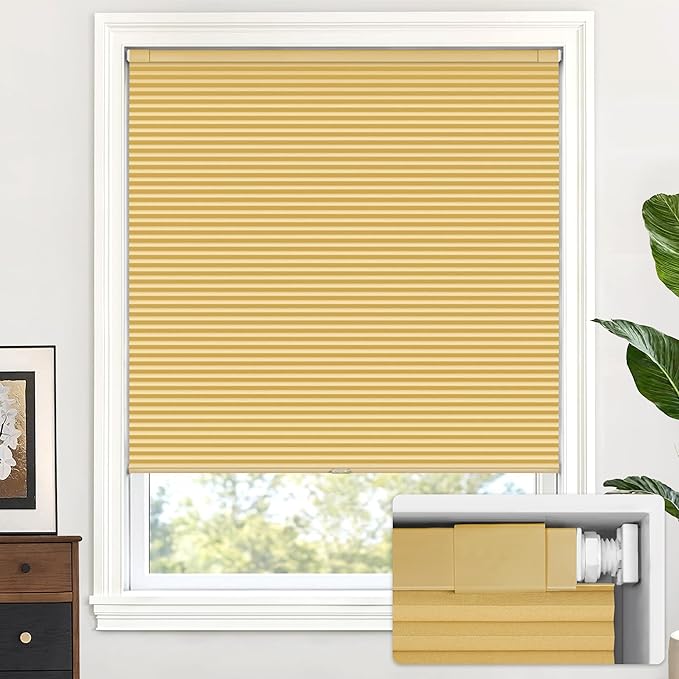 LazBlinds Cordless Cellular Shades, No Tools No Drill Blackout Honeycomb Shades Pleated Blinds for Windows, 26 1/2" W x 64" H, Yellowish-Brown