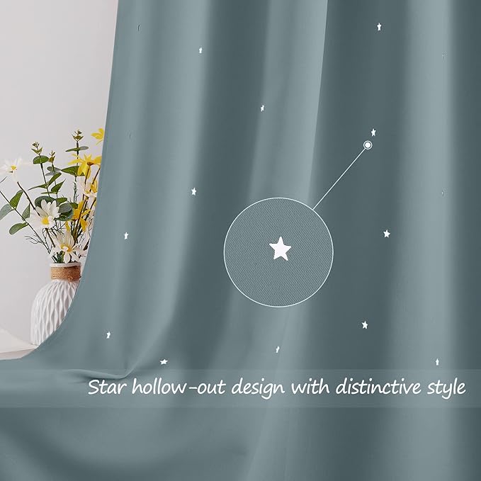 NICETOWN Nursery Blackout Curtains for Bedroom 63 inch Long 2 Panels, Star Cut Out Kids Soundproof Thermal Insulated Cute Galaxy Grommet Curtains for Window, Stormy Sea, 42" Wide