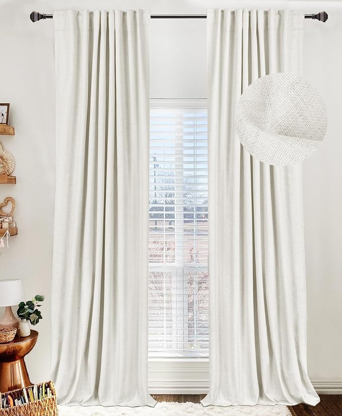 100% Blackout Shield Linen Blackout Curtains for Bedroom 63 Inches Long, Back Tab/Rod Pocket Living Room Drapes, Thermal Insulated Blackout Curtains 2 Panels Set, 50" W x 63" L, Off White