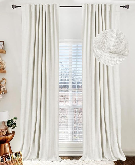 100% Blackout Shield Linen Blackout Curtains for Bedroom 63 Inches Long, Back Tab/Rod Pocket Living Room Drapes, Thermal Insulated Blackout Curtains 2 Panels Set, 50" W x 63" L, Off White