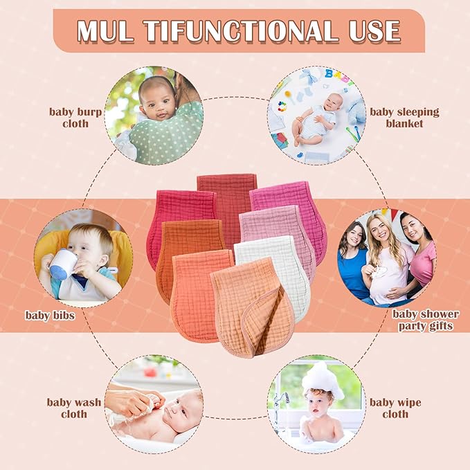 Frienda 8 Pack Muslin Burp Cloths for Baby Large 20 x 10 Inch Cotton Burp Rags for Spit up Drool Absorbent Soft Multicolor Wash Cloths Diapers for Newborn Girl Boy Essential Shower Gift(Sweet Color)