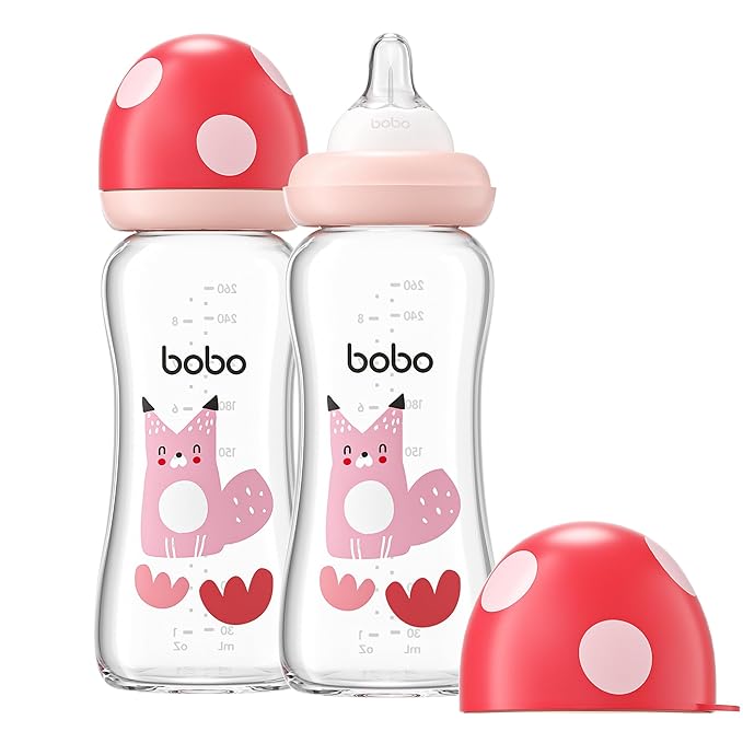 YOHKOH Natural Glass Baby Bottle with Level 2 Medium Flow Nipple, Newborn Anti-Colic Baby Bottles, Wide Neck Mushroom Baby Glass Bottle (8.8ounce (Pack of 2), Red2)