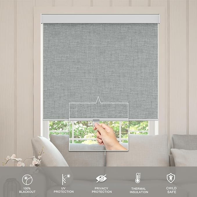 Blackout Roller Shades Blinds for Windows, Free-Stop Cordless Roller Shades with Valance, Thermal Insulated Fabric Window Blinds UV Protection for Home, Bedroom, Grey, 34.5" W x 72" H