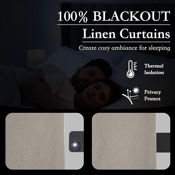 RYB HOME 100% Blackout Silver Grey Curtains, Privacy Flax Linen Drapery for Living Room & Bedroom Total Blackout, Rod Pocket & Back Tab Window Treatment, Set of 2, W52 x L84