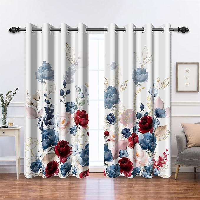 Renaiss Floral Blackout Curtains Watercolor Gray Blue and Red Peony Flower Bloossom Thermal Insulated Window Drapes for Bedroom 42W x 63L inches 2 Panel Set Window Curtains for Living Room