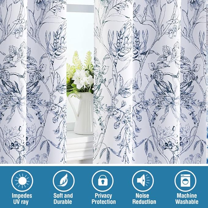 H.VERSAILTEX 100% Blackout Curtains for Living Room Camellia Floral Blackout Curtains 108 Inches Long Light Blocking Window Treatment Curtains with Black Liner Grommet Thermal Drapes, 2 Panels, Navy