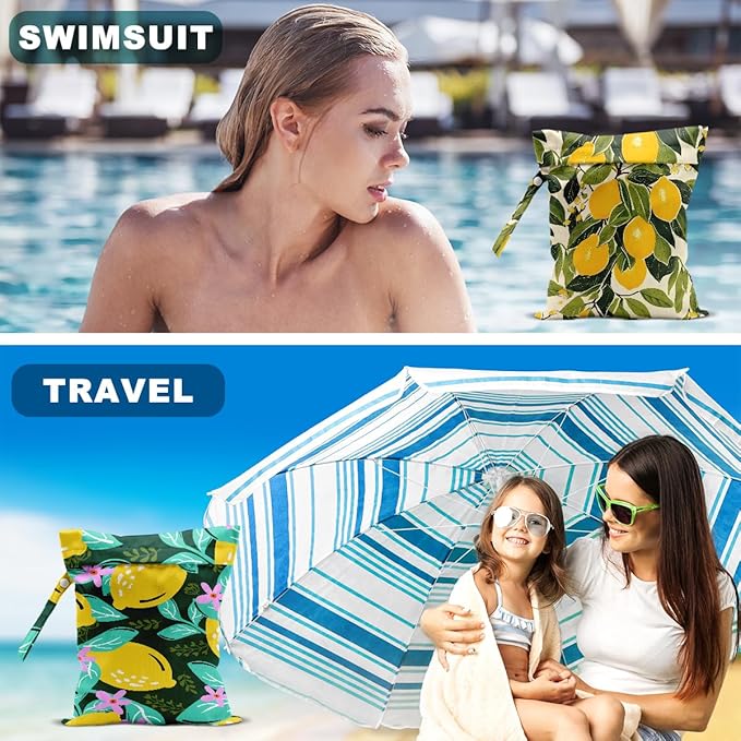 Hanamiya Na 2Pcs Lemon Print Wet Bags, Wet Dry Bag Reusable Zipper Pouch for Swimsuit, Diapers, Travel, Pool, Beach, Dirty Yoga Gym Clothes, Toiletries, Waterproof Birthday Christmas Gifts