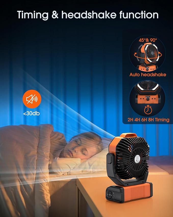 Portable Rechargeable Camping Fan - 20000mAh Cordless Battery Powered Tent Fans with LED Lantern, Remote Auto Oscillating USB C Table Operated Ventilador for Travel Outdoor Beach
