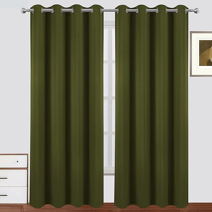 LEMOMO 100% Blackout Curtains 52 x 95 Inch Olive Green Curtains 2 Panels Darkening Thermal Insulated Bedroom Curtains