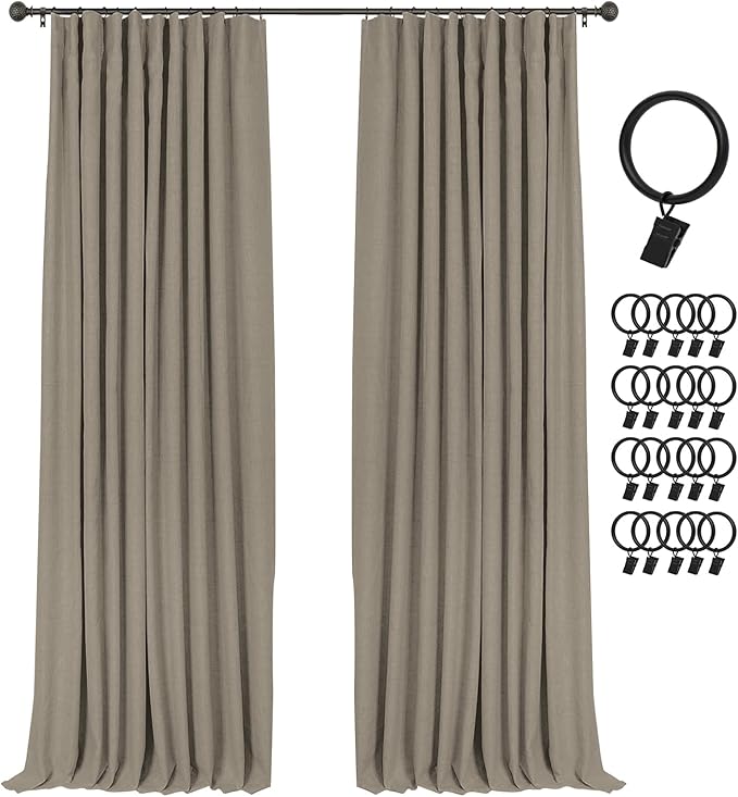 INOVADAY 100% Blackout Curtains for Bedroom, Black Out Curtains 90 Inch Long, Clip Rings Linen Blackout Drapes, Thermal Insulated Room Darkening for Living Room, 2 Panels - Fauxlinen,W50xL90