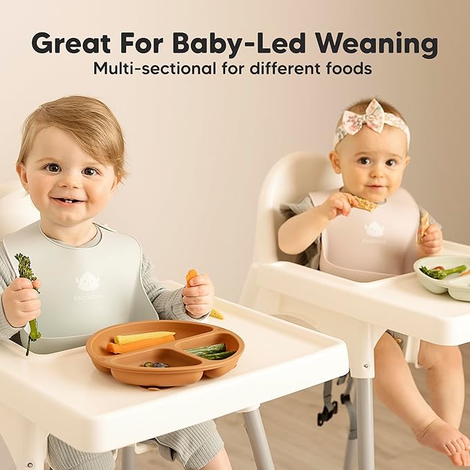 KeaBabies Suction Plates for Baby, Toddler - 3-Pack 100% Silicone Toddler Plates with Suction, Divided, BPA-Free Baby Led Weaning Essentials for Kids, Dishwasher, Microwave Safe, Durable (Terracotta)